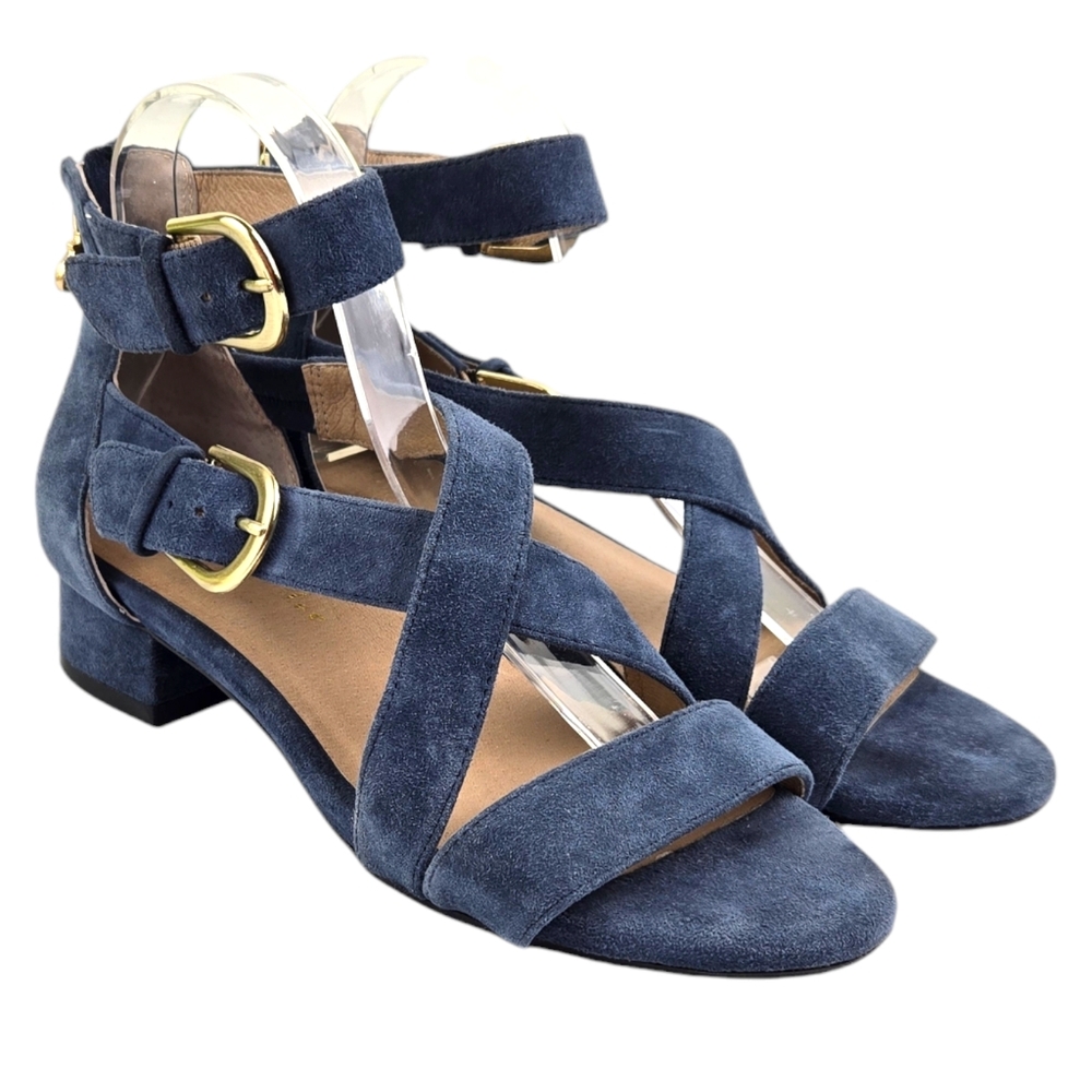 Bettye Muller Concept Women's Size 8.5 Blue Suede Sandal Heel Bee Zip